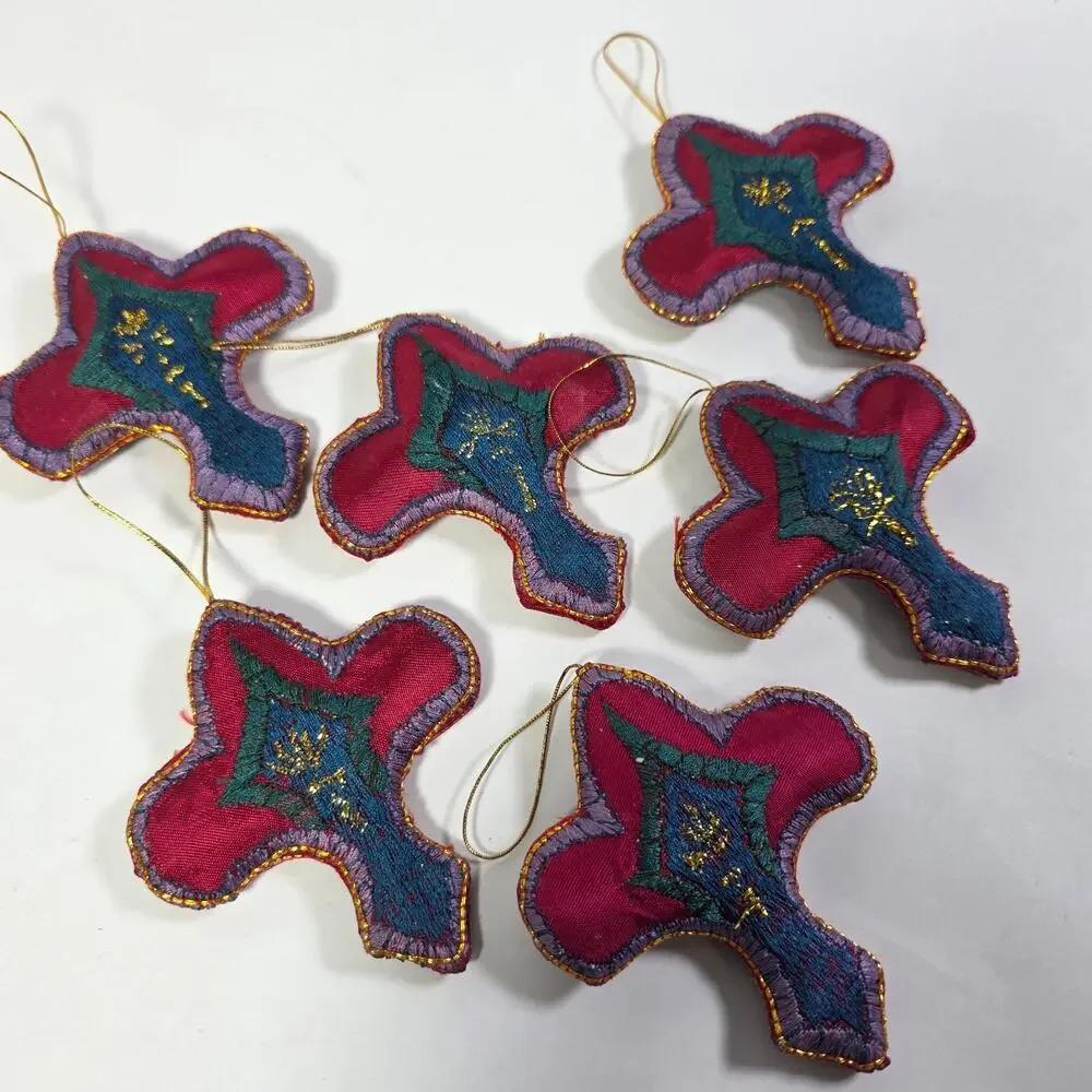 Pier 1 Embroided Fabric Christmas Tree Ornaments Lot Of 6 Vintage Holiday